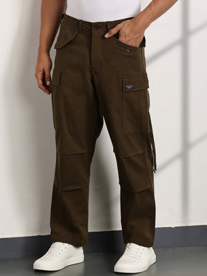 Thomas Scott Men Olive Mid-Rise Loose Fit Cotton Woven Cargo Trouser