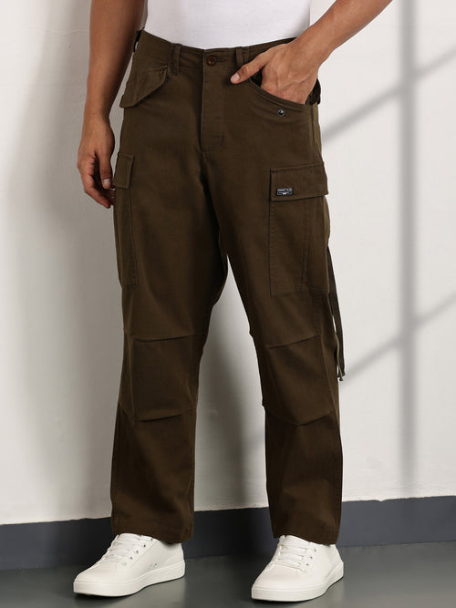 Thomas Scott Men Olive Mid-Rise Loose Fit Cotton Woven Cargo Trouser
