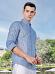 Blue Slim Fit Long Sleeves Pinstripes Linen Casual Shirt For Men