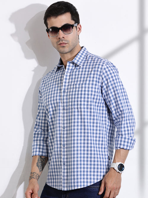 Thomas Scott Men Blue Slim Fit Long Sleeve Gingham Checks Cotton Casual Shirt