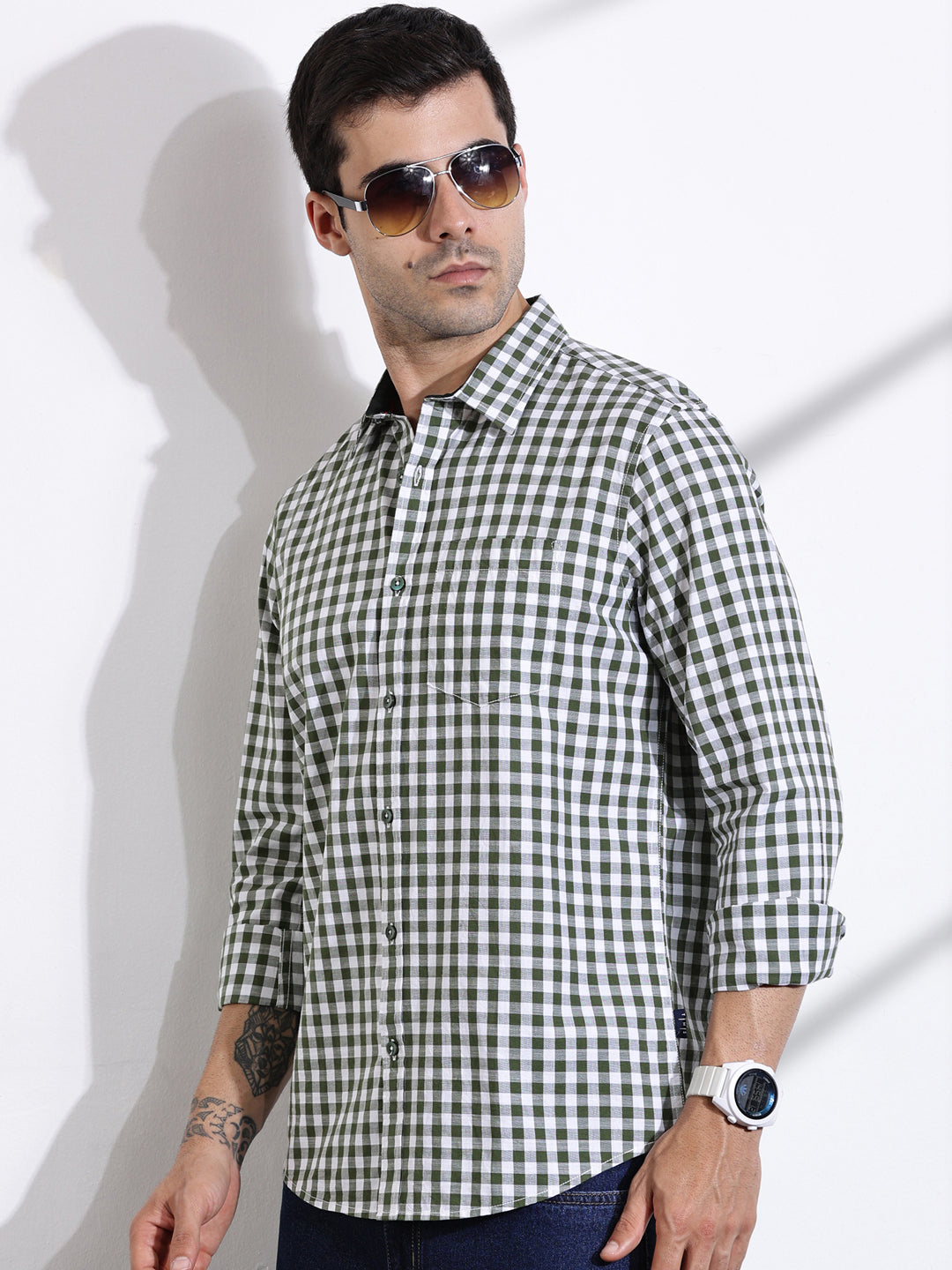 Thomas Scott Men Green Slim Fit Long Sleeve Gingham Checks Cotton Casual Shirt