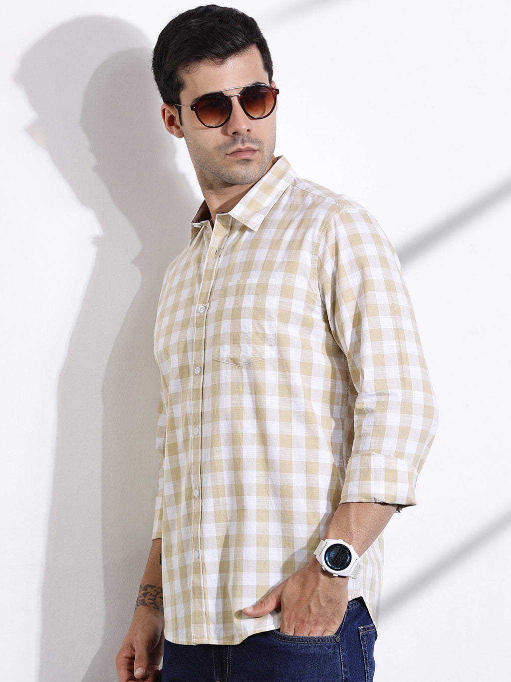 Thomas Scott Men Beige Slim Fit Long Sleeves Tartan Checks Casual Shirt
