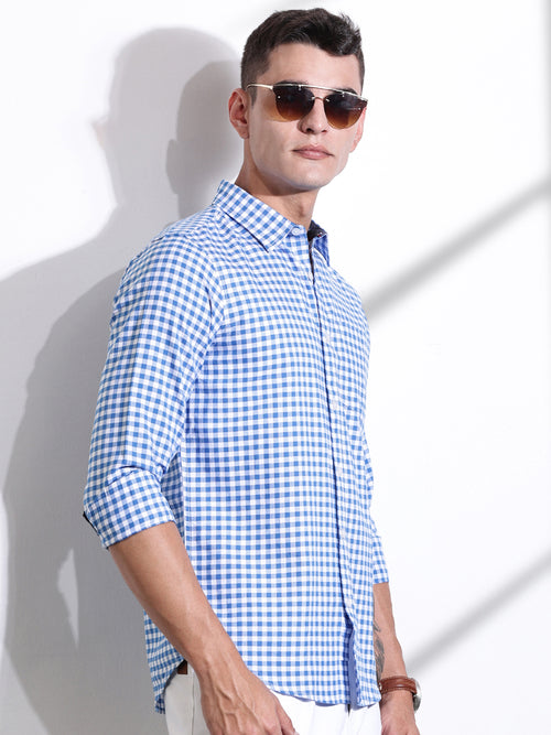 Thomas Scott Men Blue Slim Fit Long Sleeves Gingham Checks Woven Casual Shirt