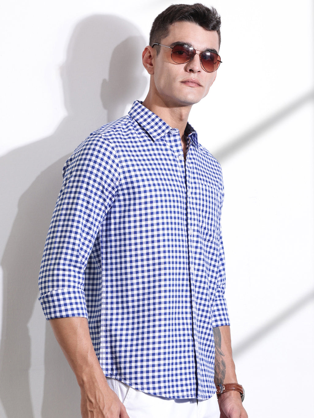Thomas Scott Men RoyalBlue Slim Fit Long Sleeves Gingham Checks Woven Casual Shirt
