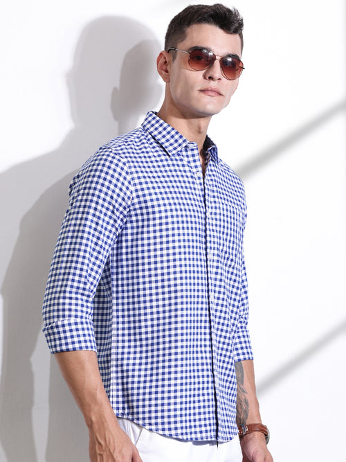 Thomas Scott Men RoyalBlue Slim Fit Long Sleeves Gingham Checks Woven Casual Shirt