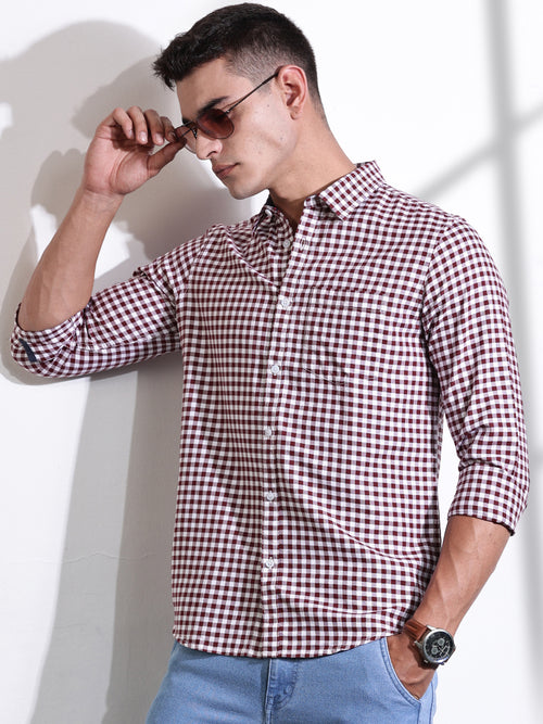 Thomas Scott Men Maroon Slim Fit Long Sleeves Gingham Checks Cotton Woven Casual Shirt