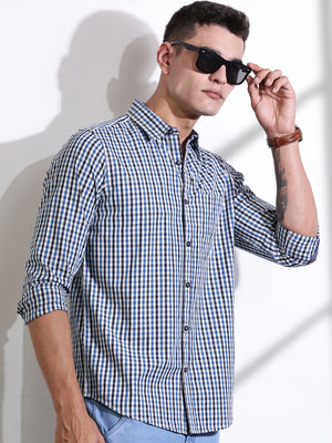 Thomas Scott Men Navy Slim Fit Long Sleeves Gingham Checks Woven Casual Shirt
