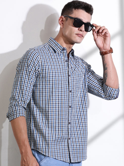 Thomas Scott Men Navy Slim Fit Long Sleeves Gingham Checks Woven Casual Shirt