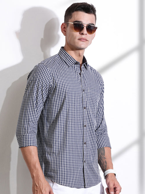 Thomas Scott Men Navy Slim Fit Long Sleeves Gingham Checks Woven Casual Shirt