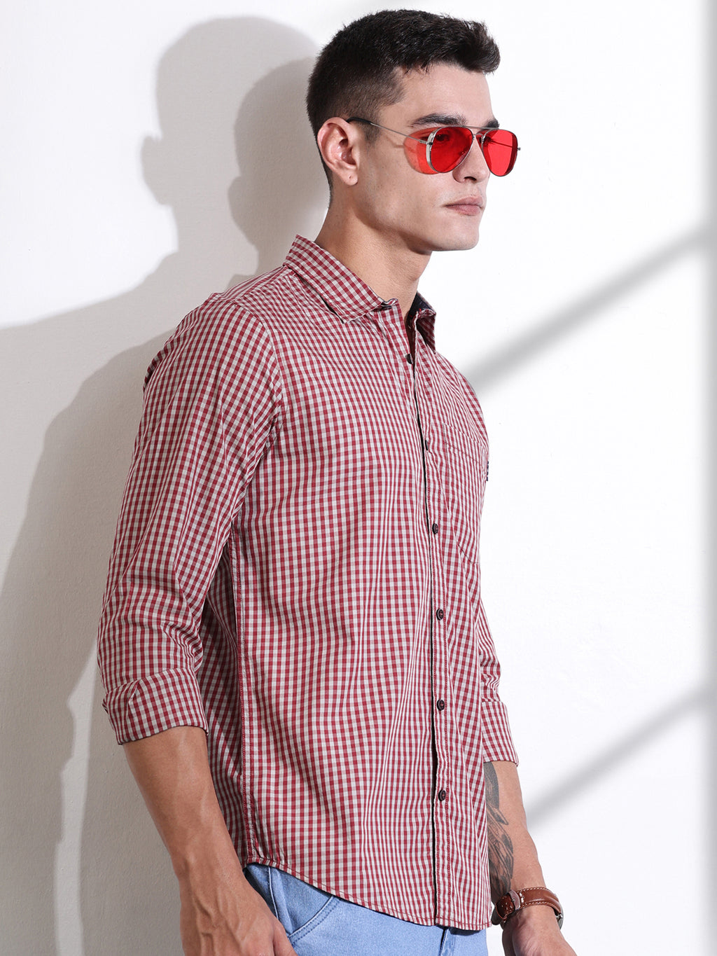 Thomas Scott Men Red Slim Fit Long Sleeves Gingham Checks Cotton Woven Casual Shirt