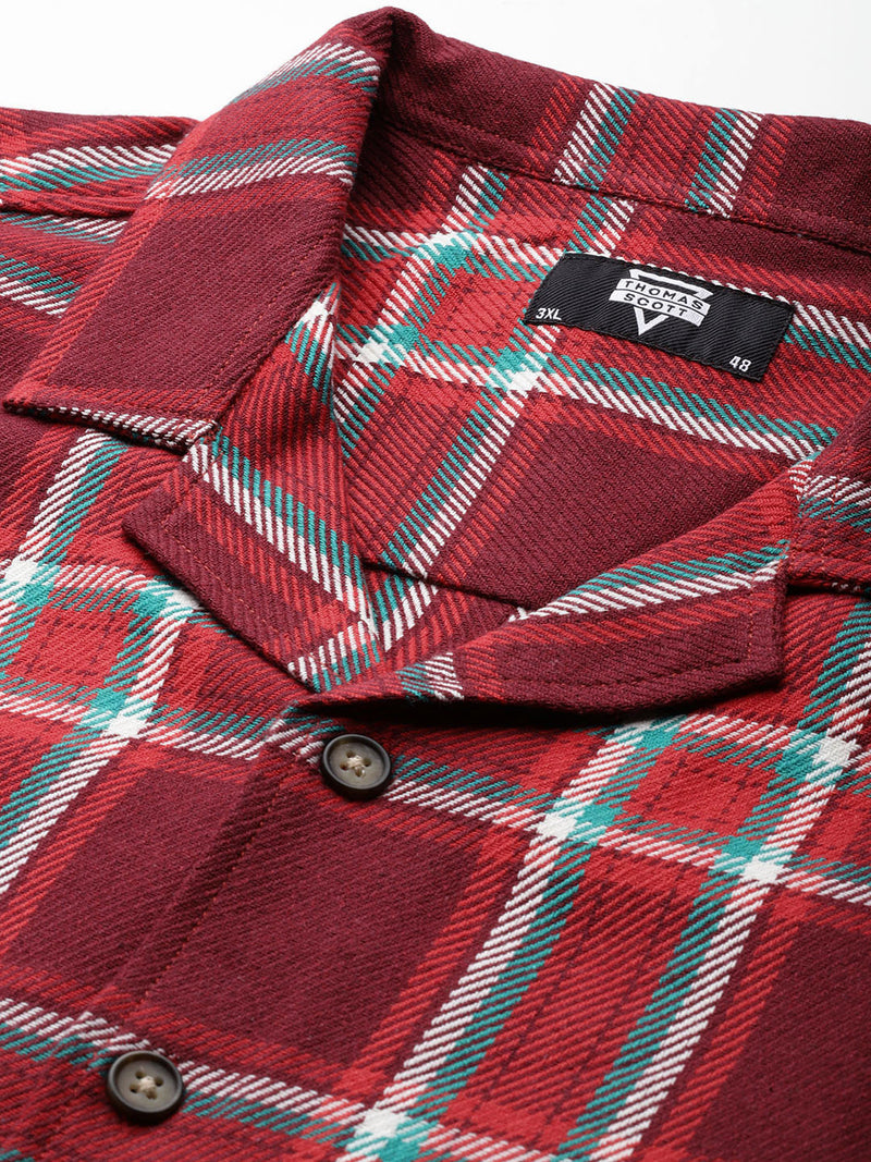 Thomas Scott Men Red Plus Size Regular Fit Short Sleeves Windowpane Checks Casual Shirt