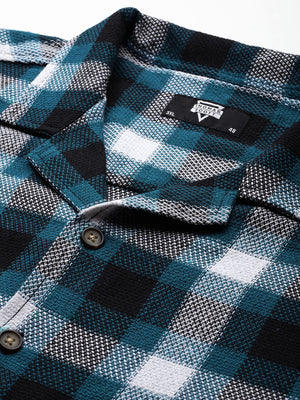 Thomas Scott Men Teal Plus Size Regular Fit Short Sleeves Windowpane Checks Casual Shirt