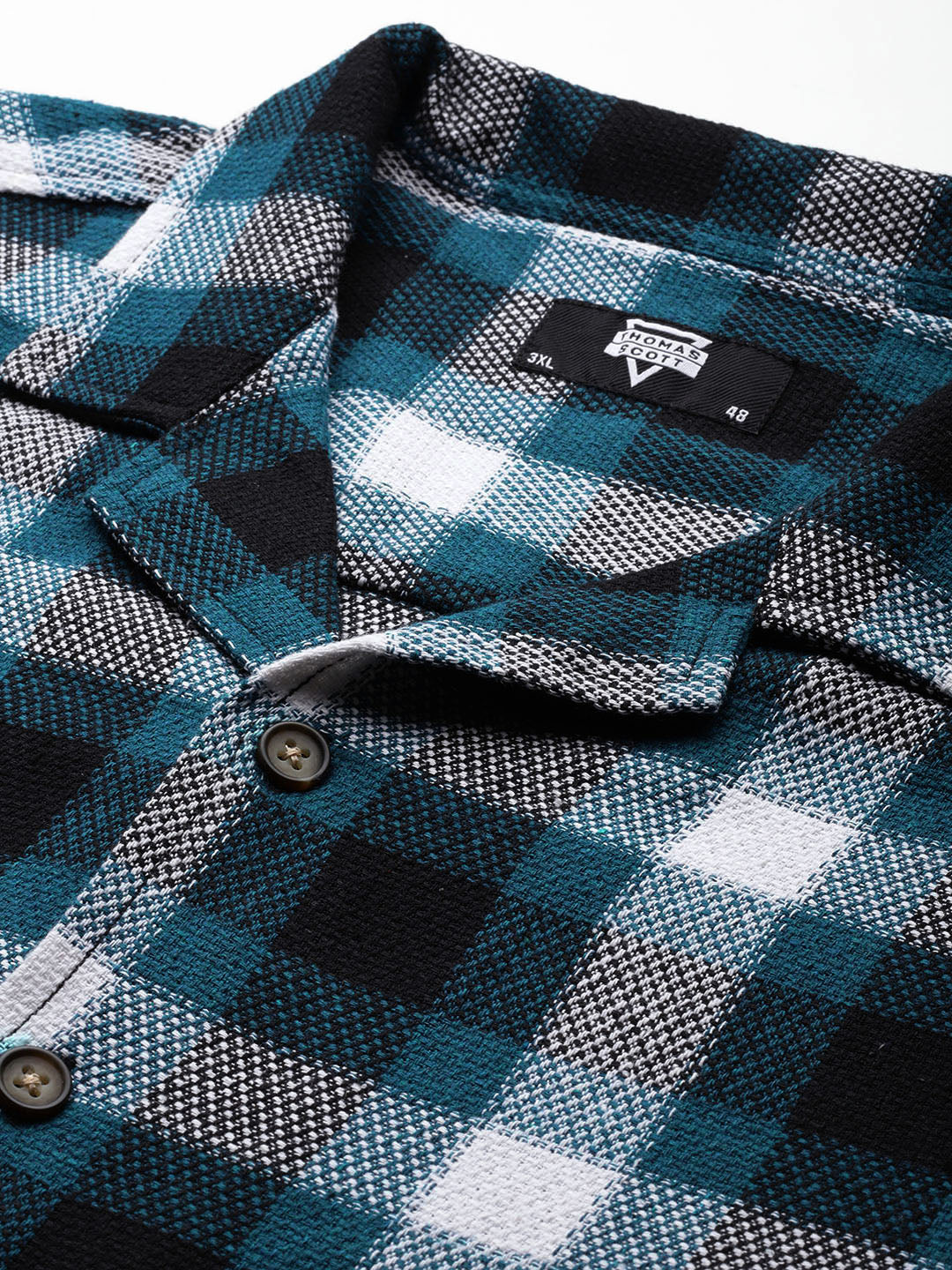 Thomas Scott Men Teal Plus Size Regular Fit Short Sleeves Windowpane Checks Casual Shirt