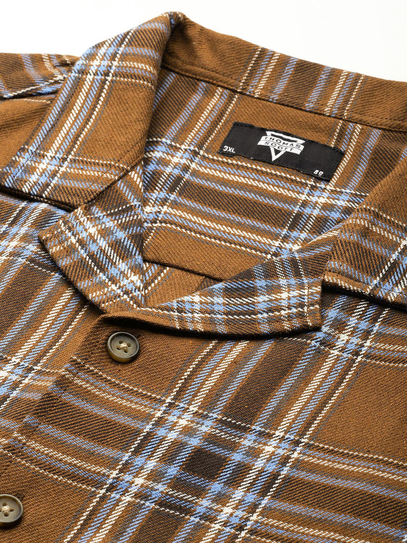 Thomas Scott Men Brown Plus Size Regular Fit Short Sleeves Windowpane Checks Casual Shirt