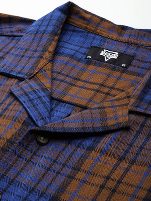 Blue Plus Size Regular Fit Short Sleeves Windowpane Checks Casual Shirt For Men