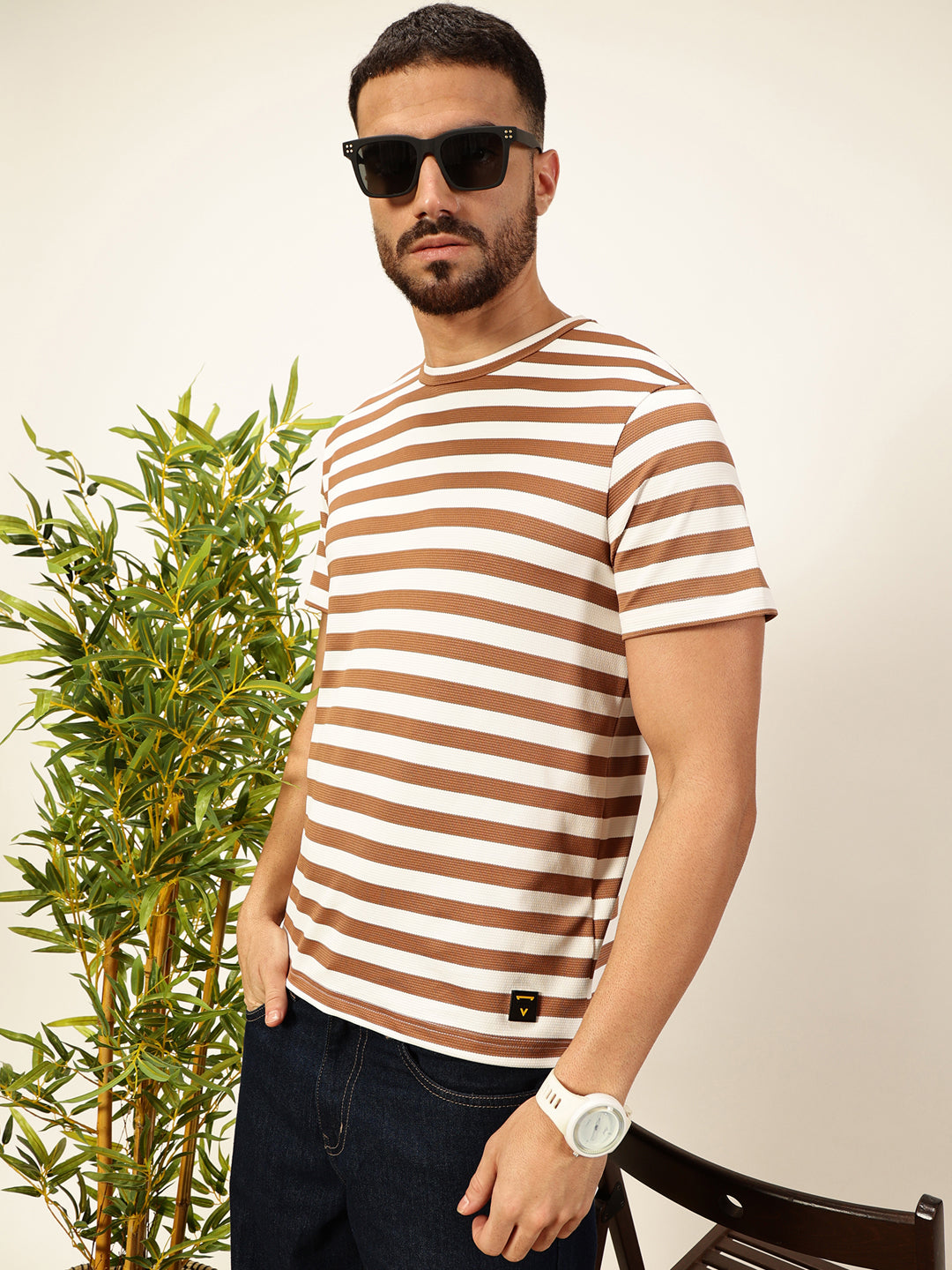 Thomas Scott Men Brown Regular Fit Short Sleeves Round Neck Knitted T-shirt