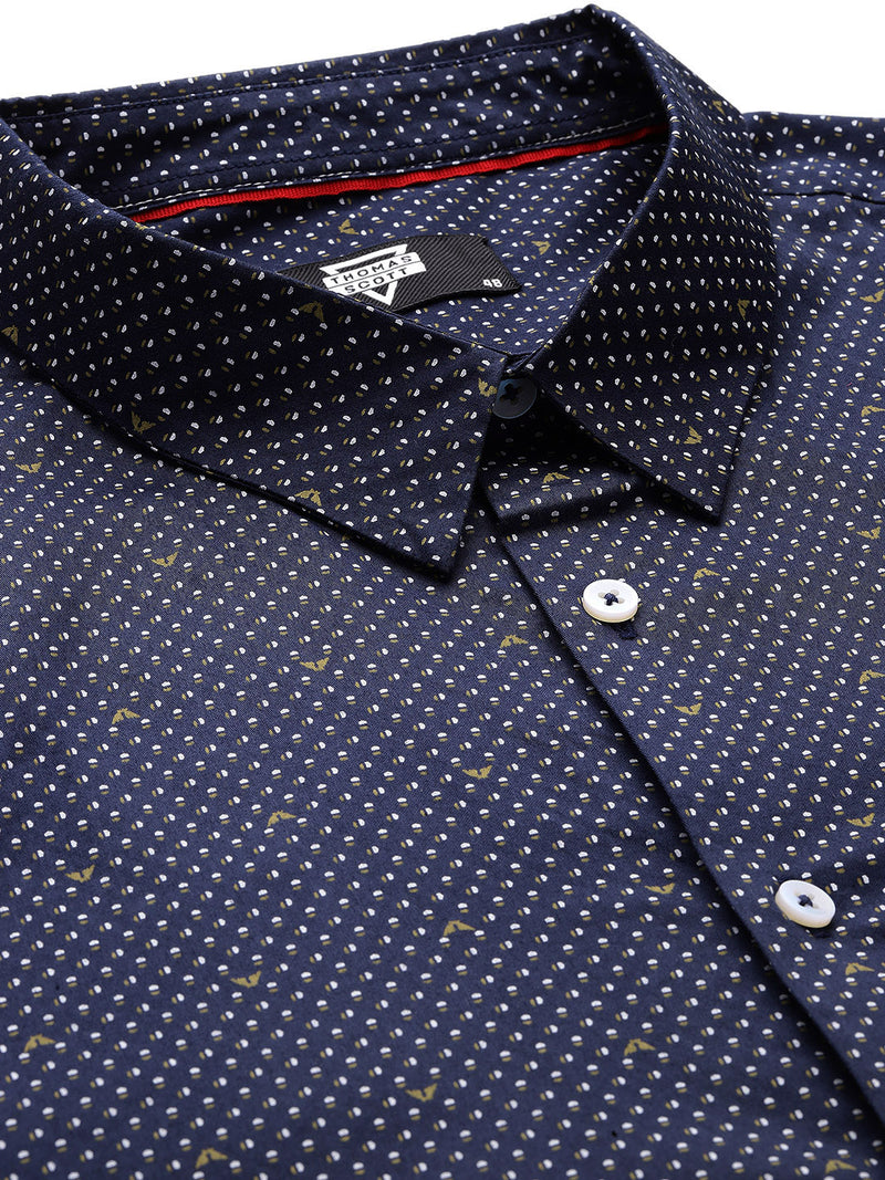 Thomas Scott Men DarkBlue Plus Size Regular Fit Micro Ditsy Printed Cotton Formal Shirt