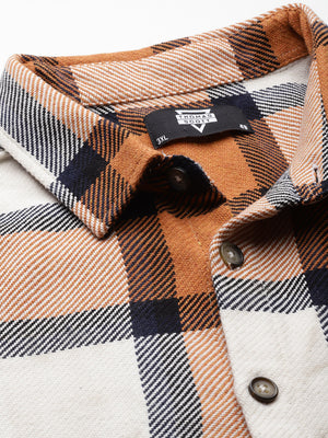 Cream Plus Size Regular Fit Windowpane Checks Woven Casual Shirt For Men