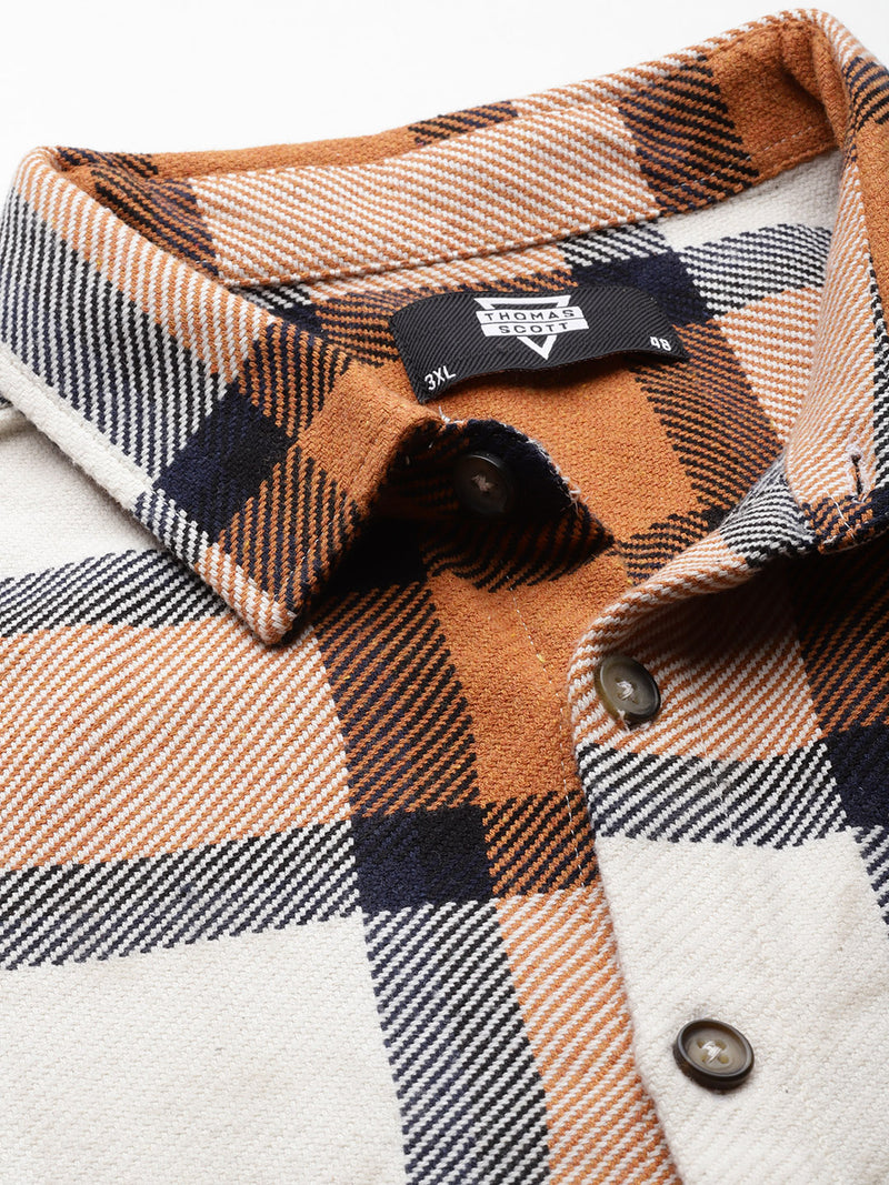 Thomas Scott Men Cream Plus Size Regular Fit Windowpane Checks Woven Shirt