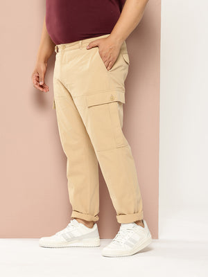 Thomas Scott Men Beige Plus Size Regular fit Mid-rise Cotton Woven Cargo Trouser