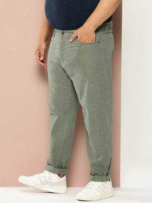 Olive Plus Size Regular fit Mid-rise Cotton Woven Chino Trouser For Men