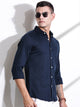 Thomas Scott Men Navy Blue Spread Collar Slim Fit Long Sleeves Solid Knitted Shirt