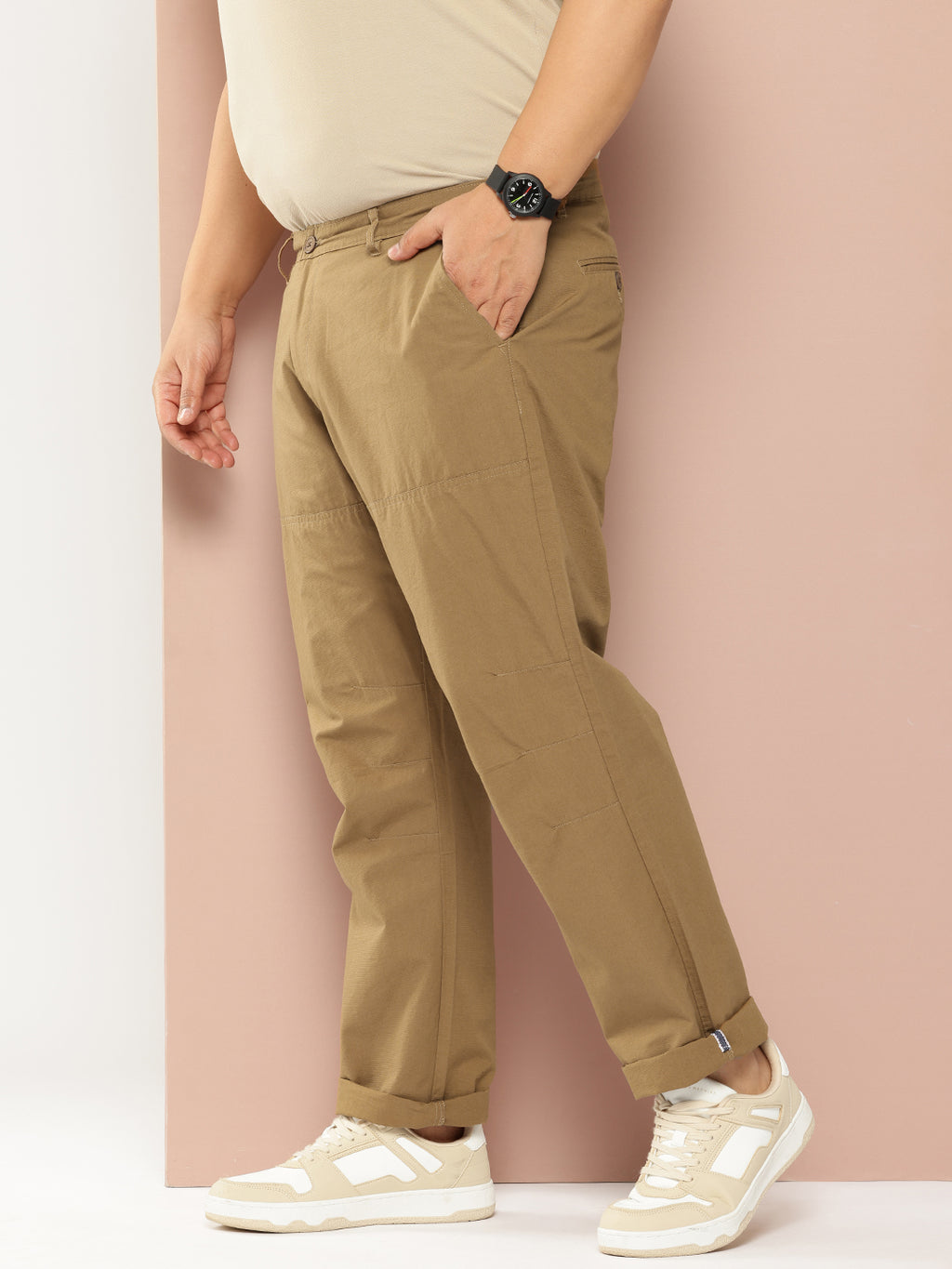 Thomas Scott Men Khaki Plus Size Regular Fit Mid-Rise Solid Woven Trousers