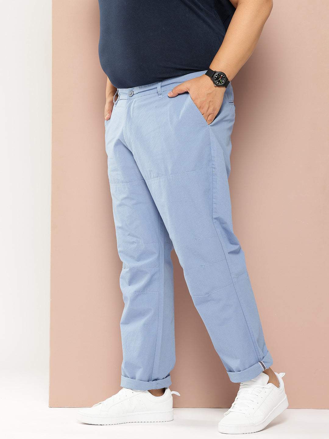 Thomas Scott Men MidBlue Plus Size Regular Fit Mid-Rise Solid Woven Trousers