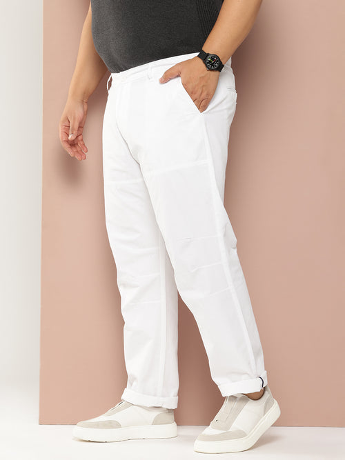 Thomas Scott Men White Plus Size Regular Fit Mid-Rise Solid Woven Trousers