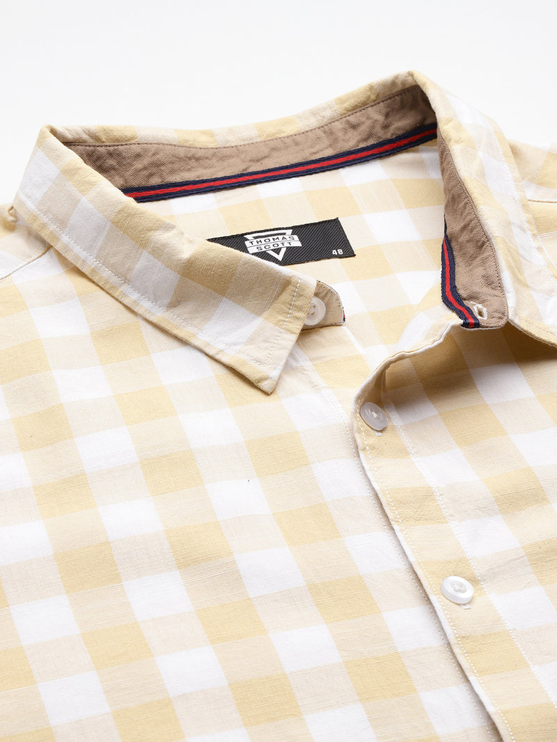 Thomas Scott Men Beige Plus Size Regular Fit Long Sleeves Tartan Checks Casual Shirt
