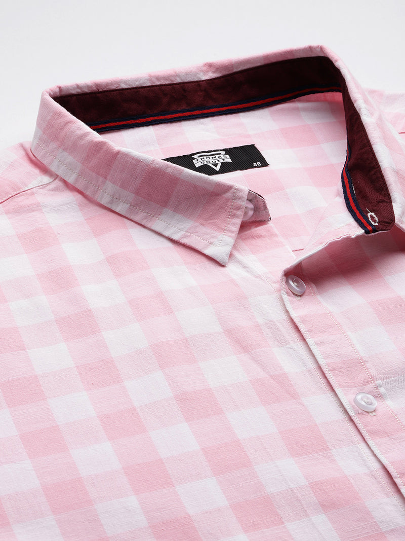 Thomas Scott Men Pink Plus Size Regular Fit Long Sleeves Tartan Checks Casual Shirt