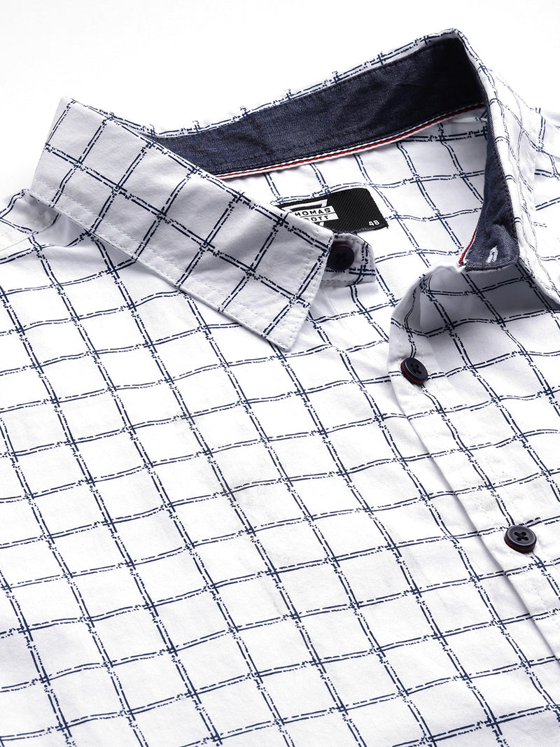 Thomas Scott Men White Plus Size Regular Fit Short Sleeves Windowpane Checks Woven Casual Shirt