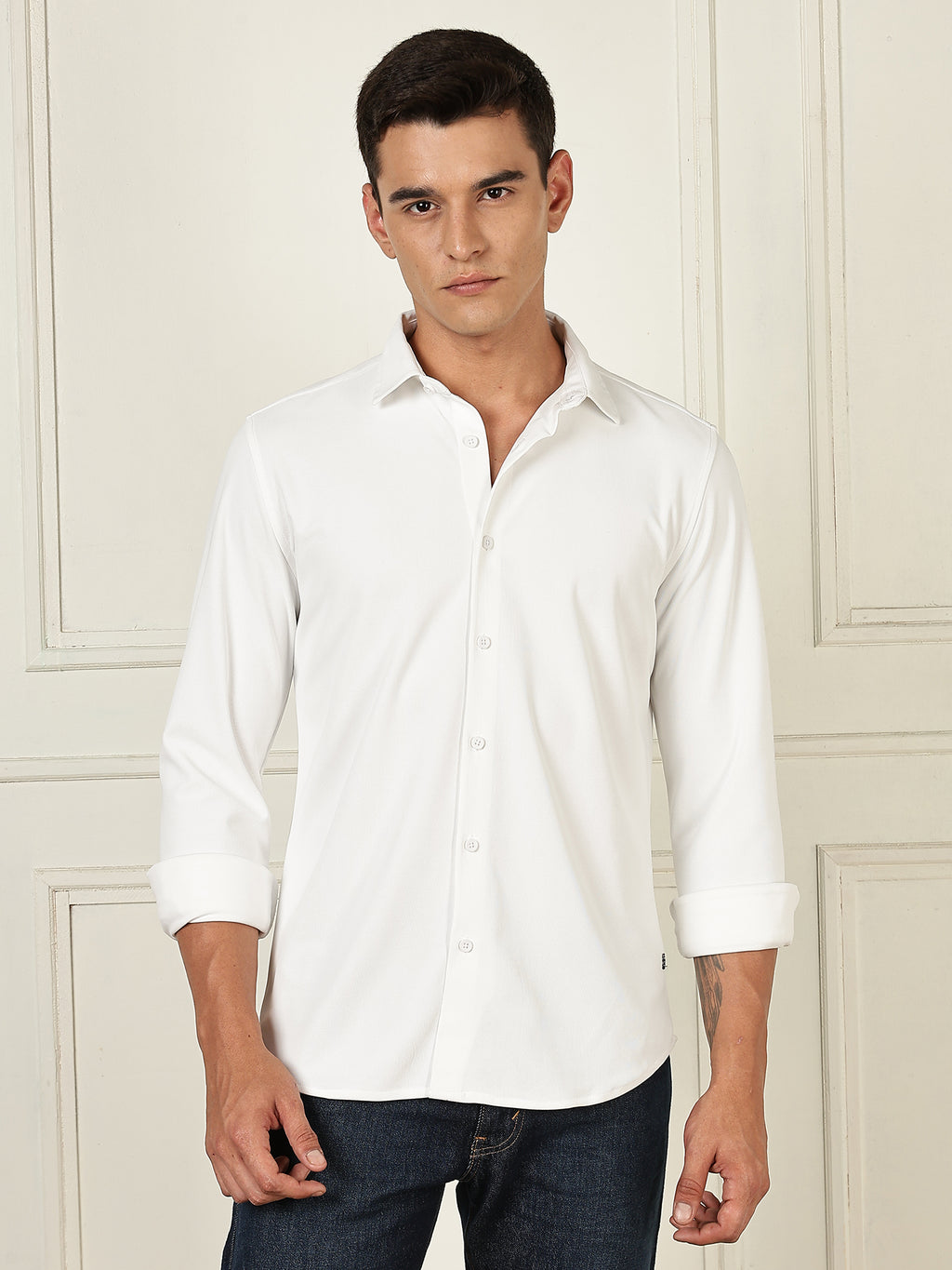 Thomas Scott Men White Premium Slim Fit Long Sleeves 4 Way Stretch CoolMax Knitted Casual Shirt