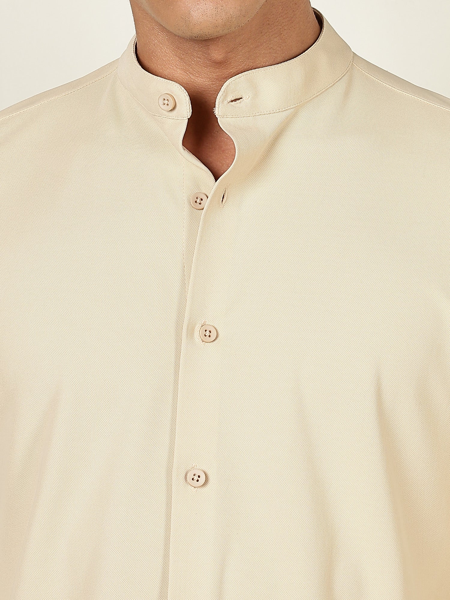 Thomas Scott Men Beige Premium Slim Fit Long Sleeves Mandarin Collar 4 Way Stretch CoolMax Knitted Shirt