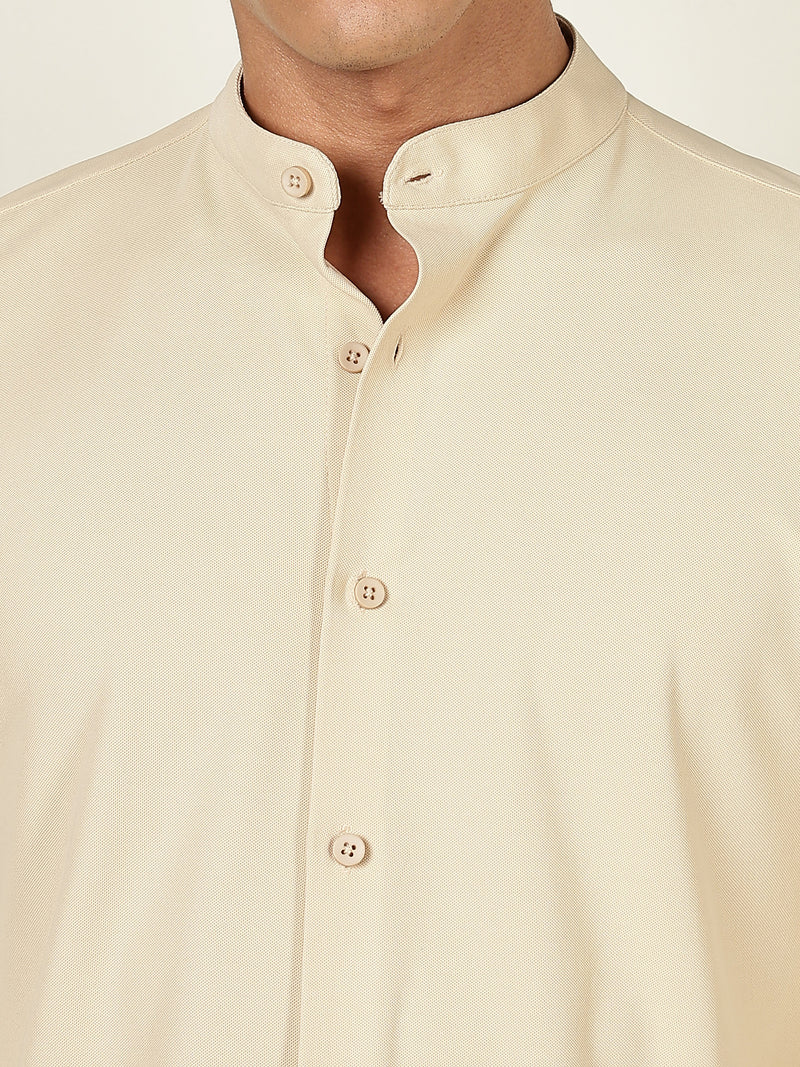 Thomas Scott Men Beige Premium Slim Fit Long Sleeves Mandarin Collar 4 Way Stretch CoolMax Knitted Shirt