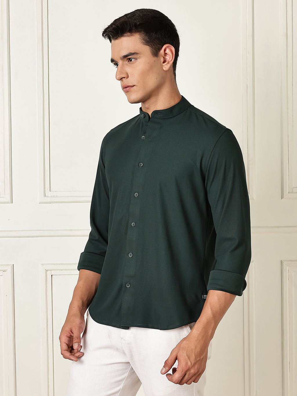 Thomas Scott Men Green Premium Slim Fit Long Sleeves Mandarin Collar 4 Way Stretch CoolMax Knitted Shirt