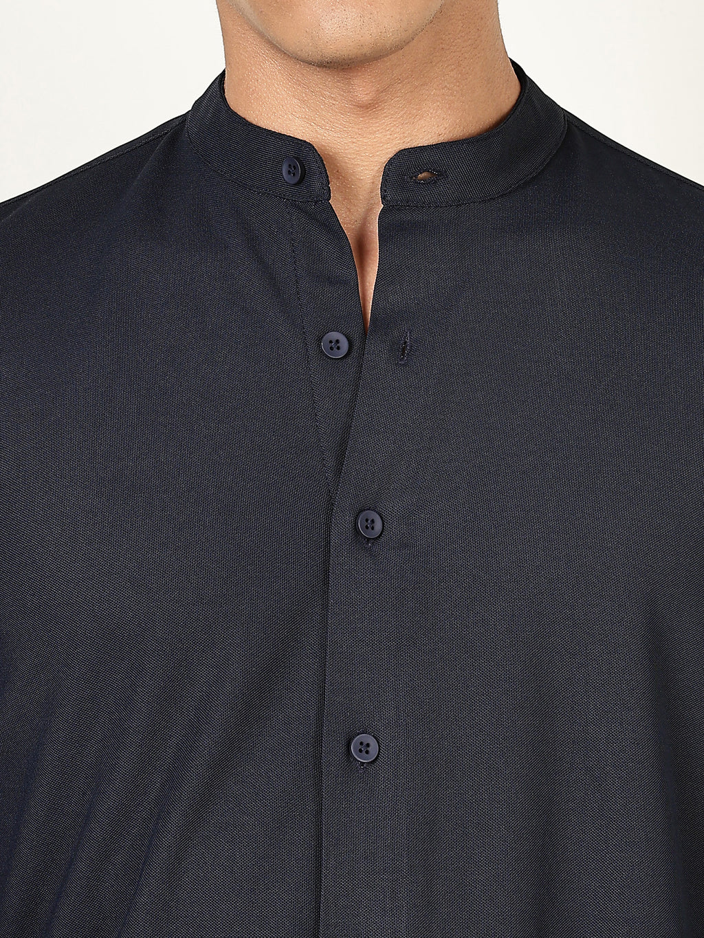 Thomas Scott Men Navy Premium Slim Fit Long Sleeves Mandarin Collar 4 Way Stretch CoolMax Knitted Shirt