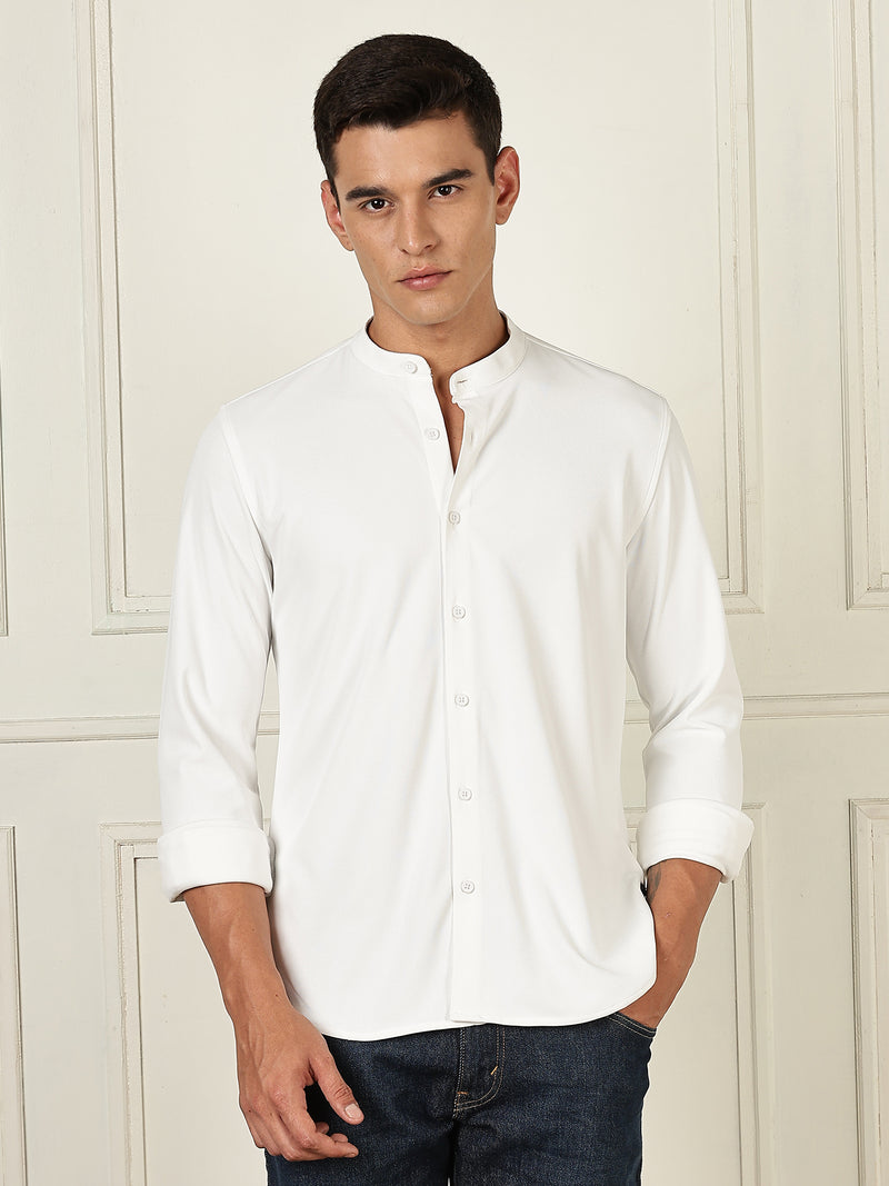 Thomas Scott Men White Premium Slim Fit Long Sleeves Mandarin Collar 4 Way Stretch CoolMax Knitted Shirt