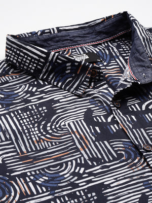 Thomas Scott Men Navy Plus Size Regular Fit Short Sleeves Graphic Print Woven Casual Shirt