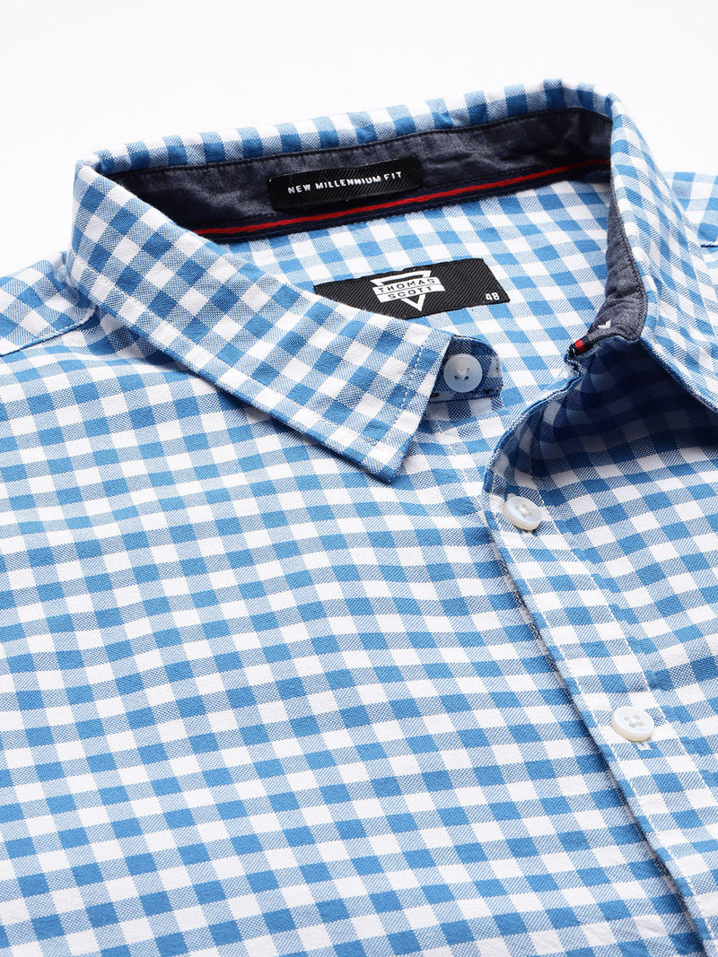 Thomas Scott Men Blue Plus Size Regular Fit Long Sleeves Gingham Checks Woven Casual Shirt