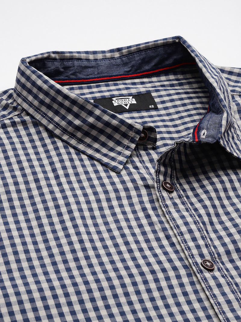 Thomas Scott Men Navy Plus Size Regular Fit Long Sleeves Gingham Checks Woven Casual Shirt