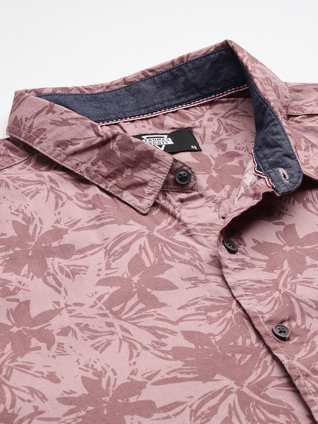 Thomas Scott Men Pink Plus Size Regular Fit Short Sleeves Spread Collar Floral Print Woven Casual Shirt