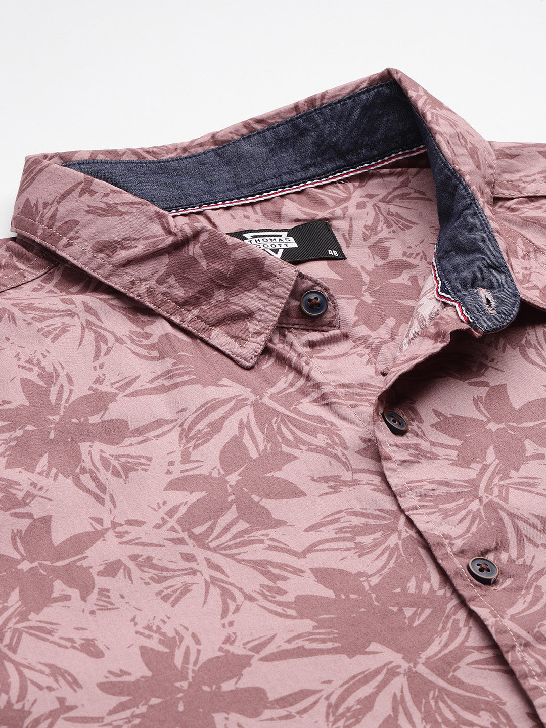 Thomas Scott Men Pink Plus Size Regular Fit Short Sleeves Spread Collar Floral Print Woven Casual Shirt