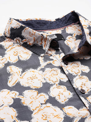 Thomas Scott Men Grey Plus Size Regular Fit Short Sleeves Floral Printed Woven Casual Shirt