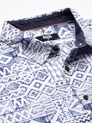 Thomas Scott Men Blue Plus Size Regular Fit Short Sleeves Geometric Print Woven Casual Shirt