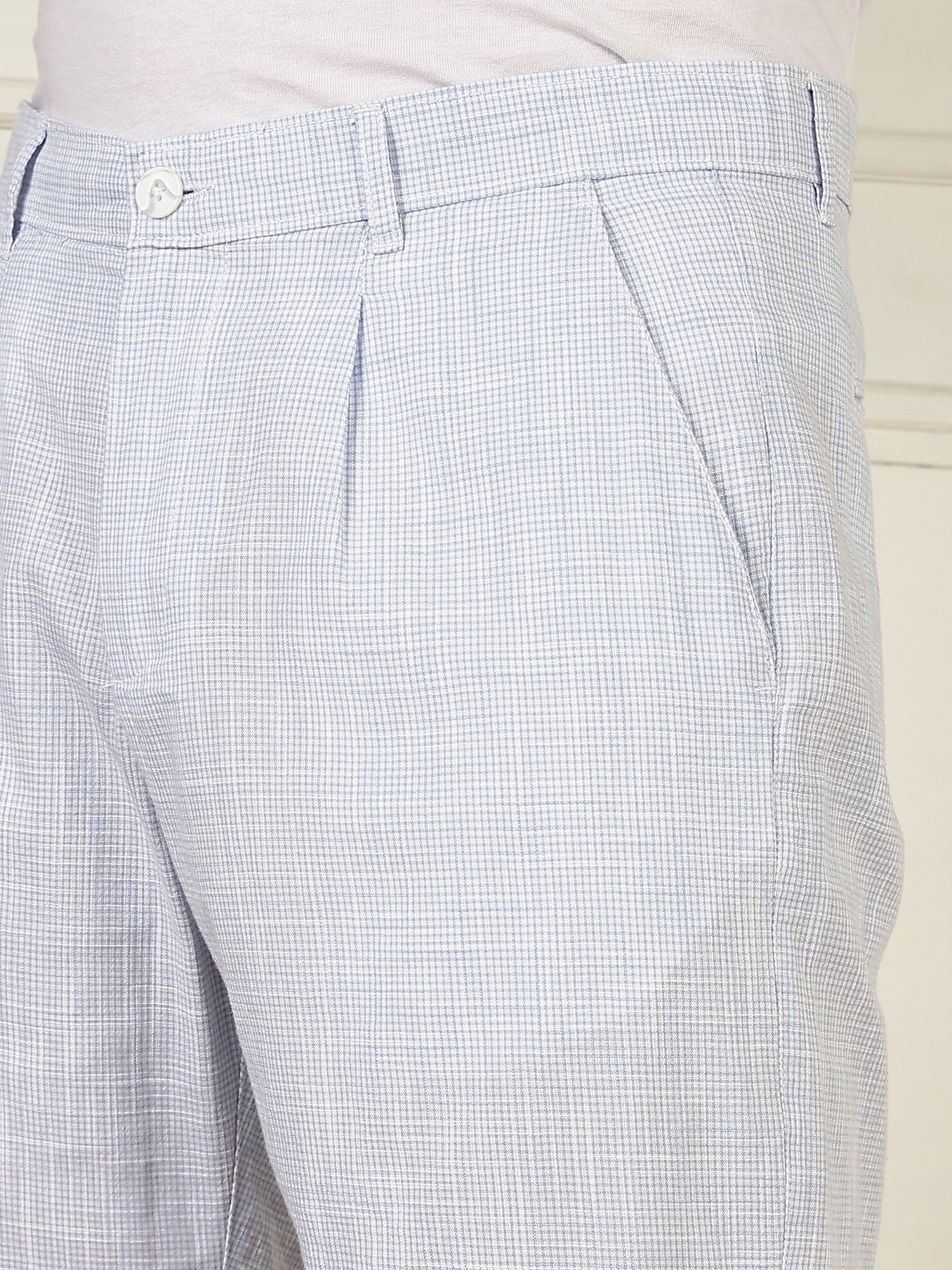 Thomas Scott Men Blue Mid-Rise Straight Fit Micro Checks Woven Linen Shorts