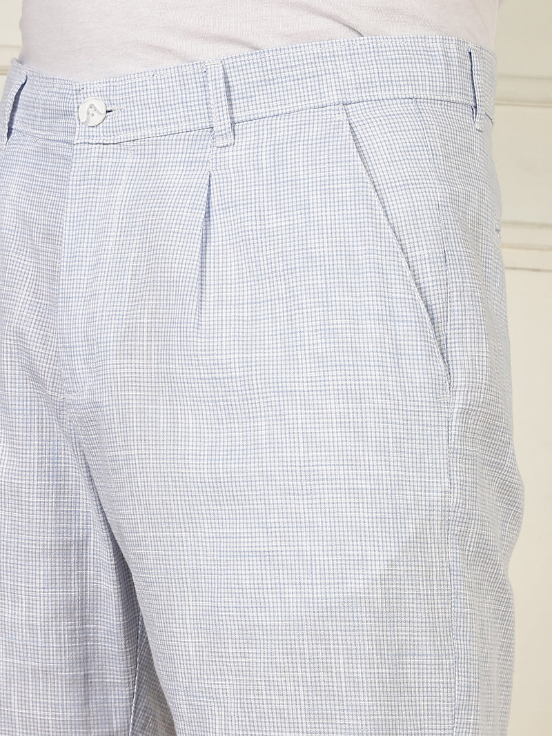 Thomas Scott Men Blue Mid-Rise Straight Fit Micro Checks Woven Linen Shorts