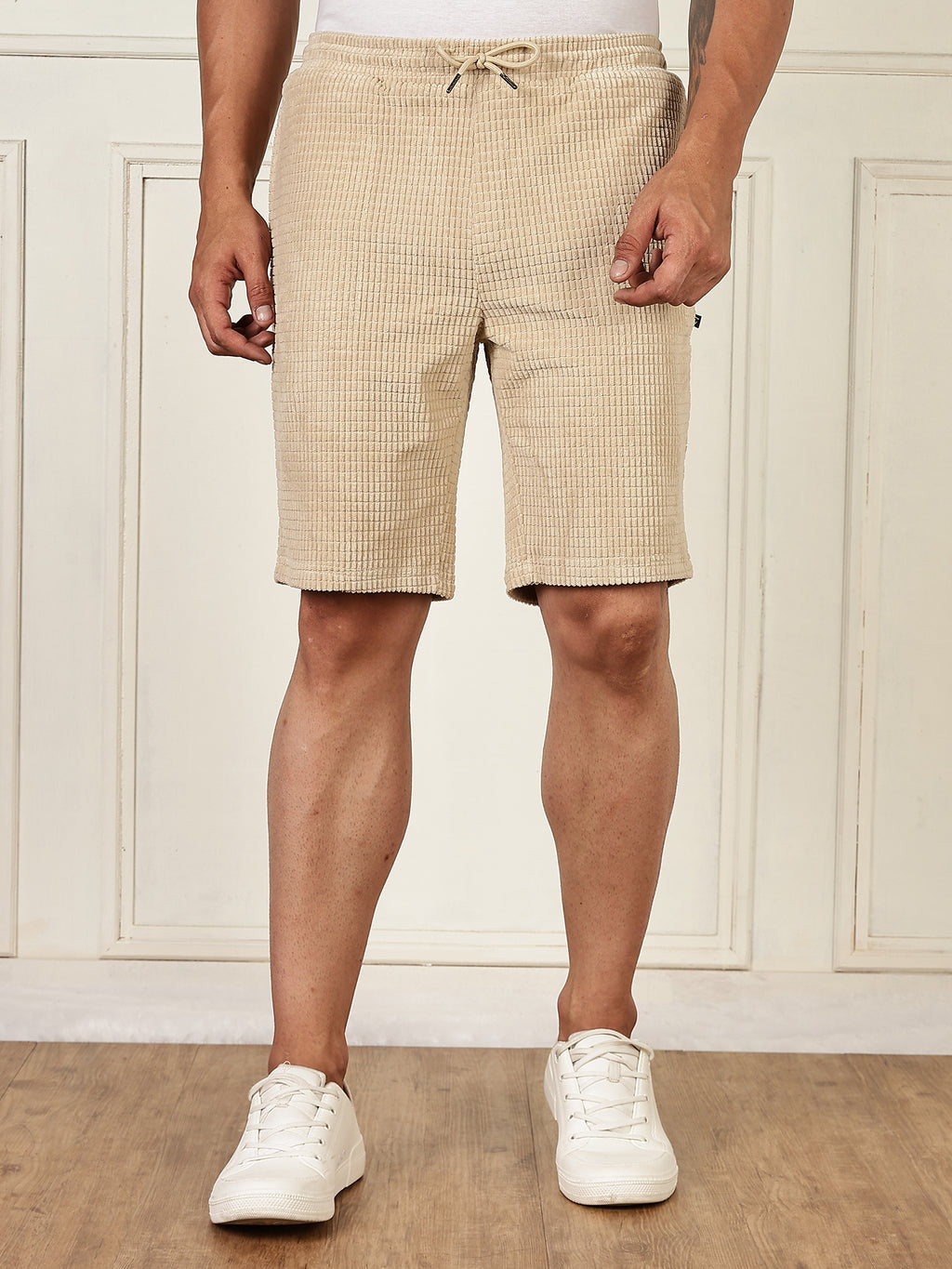 Thomas Scott Men Beige Mid-Rise Regular Fit Self Design Knee Length Knitted Shorts