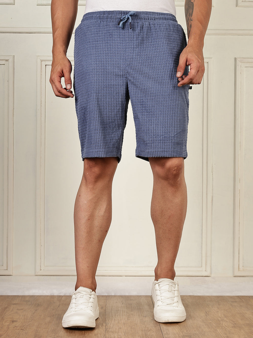 Thomas Scott Men Blue Mid-Rise Regular Fit Self Design Knee Length Knitted Shorts