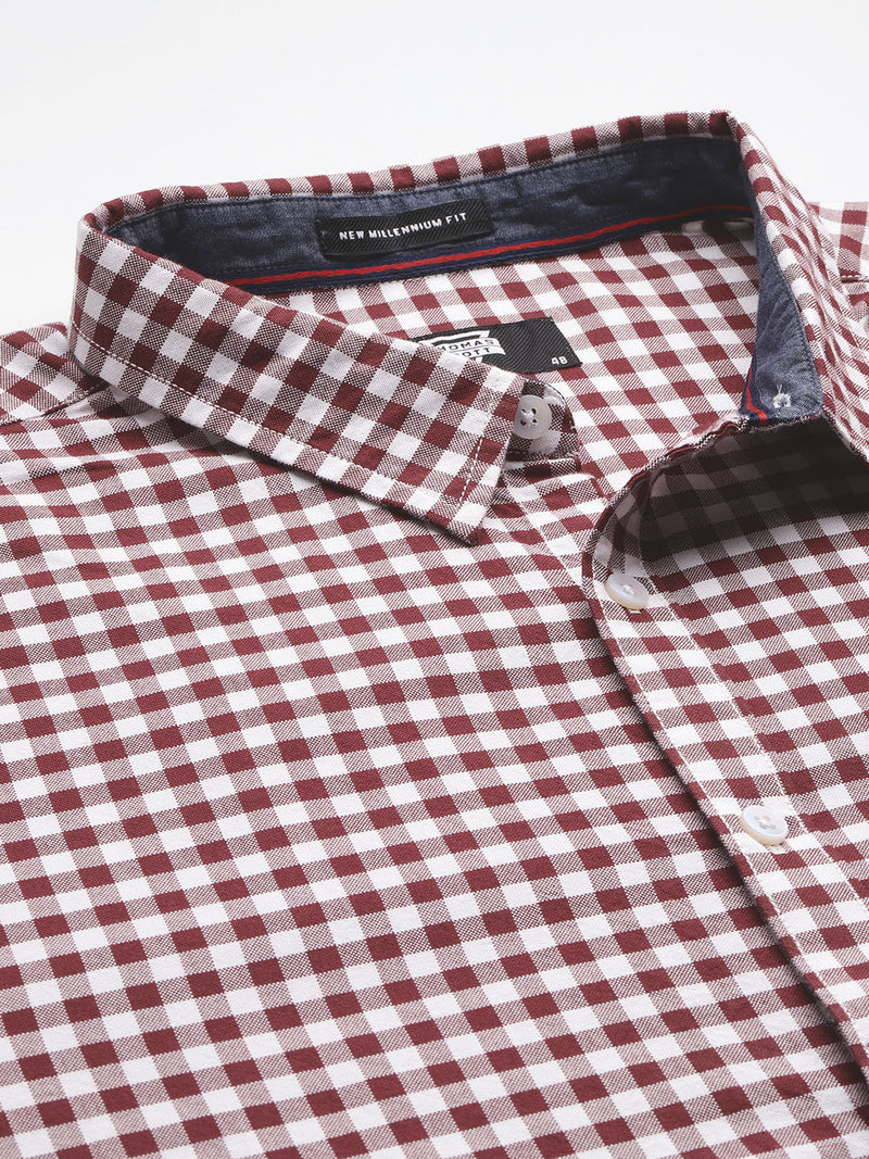 Thomas Scott Men Maroon Plus Size Regular Fit Long Sleeves Gingham Checks Woven Shirt